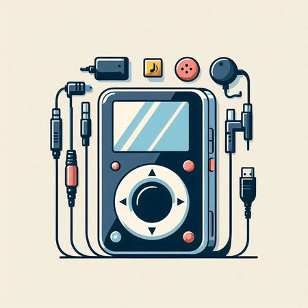 Multimedia player flat design vector illustration. Music player with headphones and jack.のイラスト素材