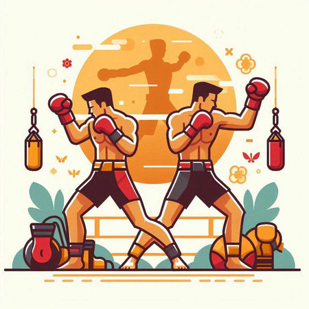 Boxing in the ring. Vector illustration in flat linear style.のイラスト素材