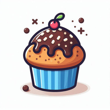 Cupcake with chocolate and cherry on a white background. Vector illustration.のイラスト素材