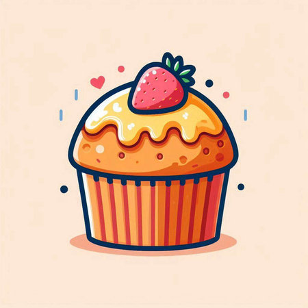 Cupcake with strawberry and cream. Vector illustration in cartoon style.のイラスト素材