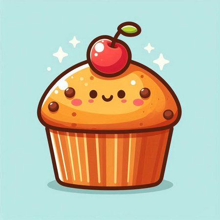 Cute cupcake with cherry. Vector illustration. Cartoon style.のイラスト素材