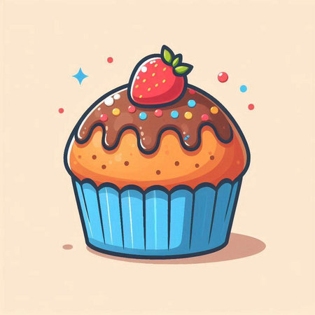 Cupcake with strawberry and sprinkles. Vector cartoon illustration.のイラスト素材