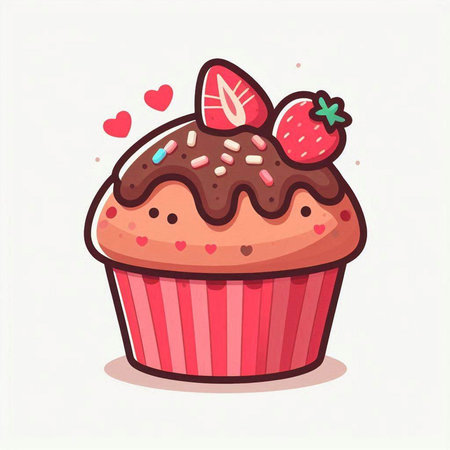 Cupcake with strawberry and chocolate. Vector illustration in cartoon style.のイラスト素材
