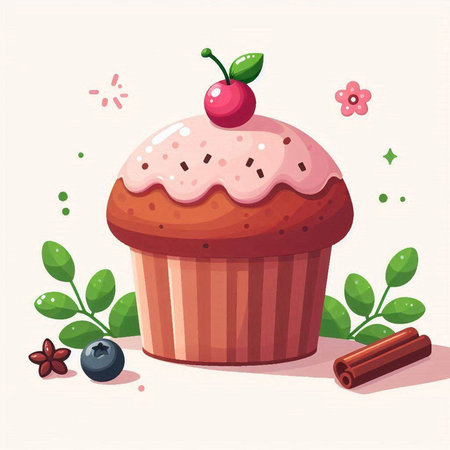 Cupcake with cherry and cinnamon. Vector illustration in cartoon style.のイラスト素材