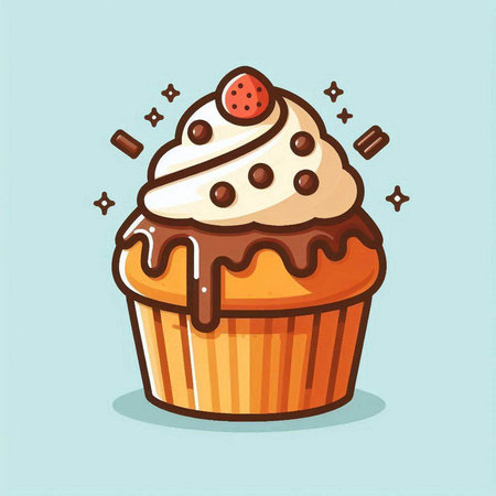 Cupcake with whipped cream and strawberry. Vector illustration in cartoon style.のイラスト素材