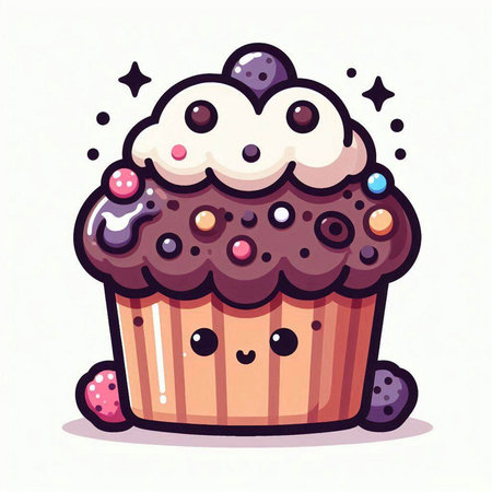 Cupcake vector illustration. Cute hand drawn cupcake with cream and berries.のイラスト素材