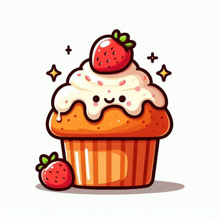 Cute cupcake with whipped cream and strawberry, vector illustration.のイラスト素材