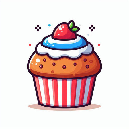 Cupcake with strawberry and whipped cream. Vector illustration in cartoon style.のイラスト素材