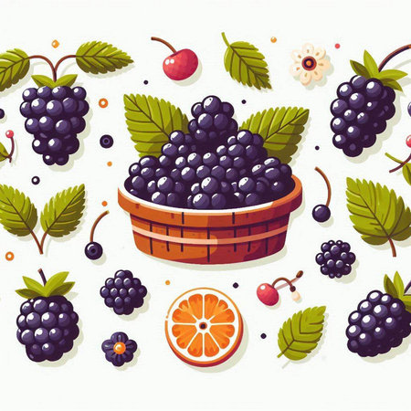 Vector illustration of blackberries in a basket with leaves and fruits.のイラスト素材