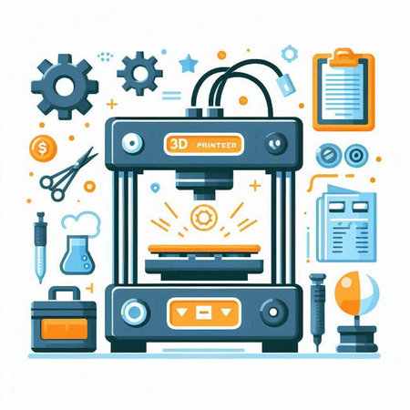 3d printer with tools. Vector illustration in a flat style.のイラスト素材