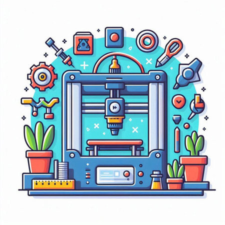 3d printing machine. Colorful flat vector illustration on white background.のイラスト素材