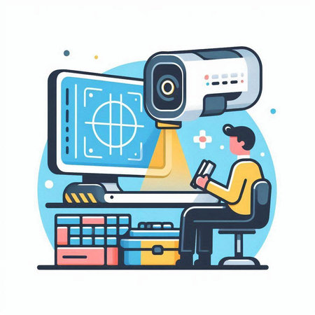 Surveillance camera on the monitor. Vector illustration in flat styleのイラスト素材