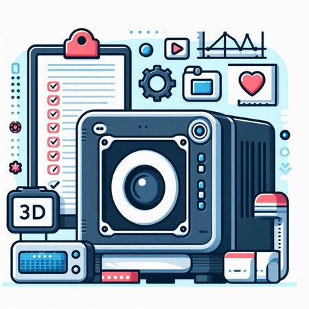 Vector illustration of a modern digital camera with a set of icons.のイラスト素材
