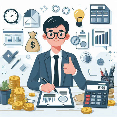 Businessman working at office. Vector illustration in cartoon style. Business concept.のイラスト素材