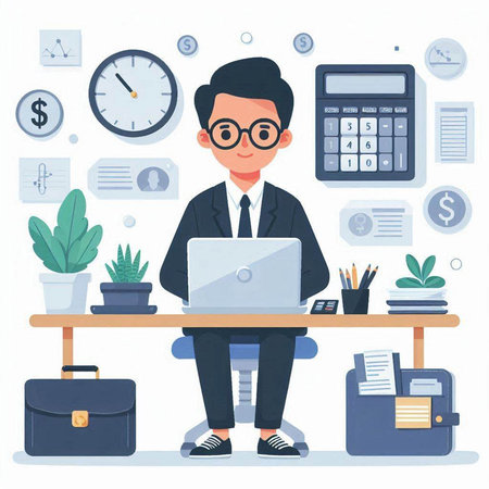 Businessman sitting at desk in office. Vector illustration in flat styleのイラスト素材