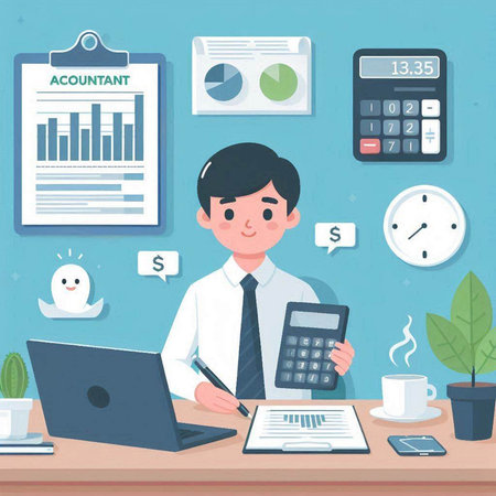 Businessman working in office with laptop and calculator. Vector illustration in flat styleのイラスト素材