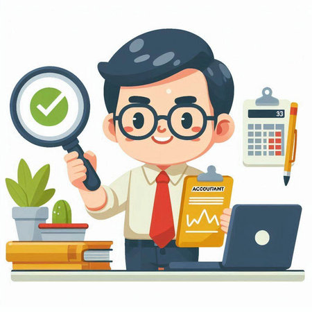 Businessman with magnifying glass and laptop in office vector illustration.のイラスト素材