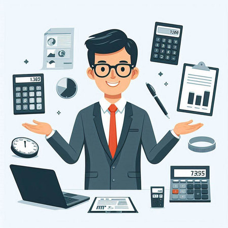 Businessman with calculator, laptop and documents. Vector illustration in cartoon styleのイラスト素材