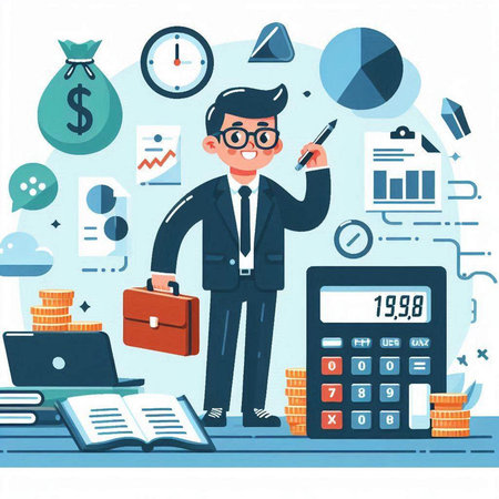Businessman with a calculator and a briefcase. Vector illustration.のイラスト素材