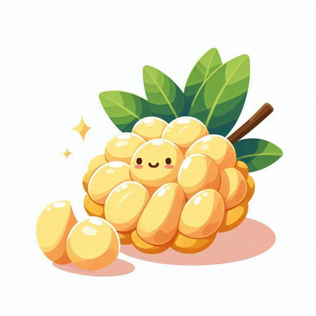 Cute cartoon durian fruit with leaves isolated on white background.のイラスト素材