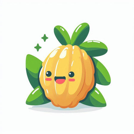 Cute kawaii pumpkin character with green leaves isolated on white backgroundのイラスト素材