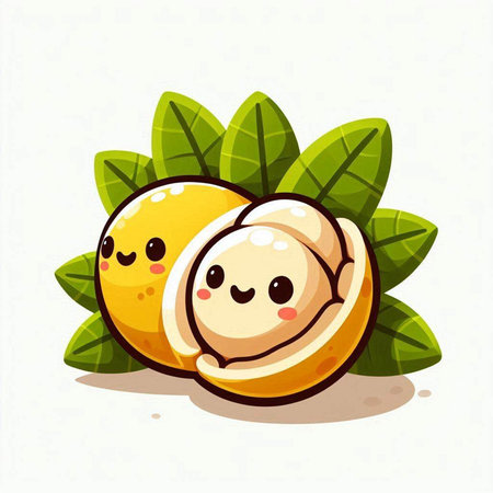 Cute happy cartoon longan character with green leaves. Vector illustrationのイラスト素材