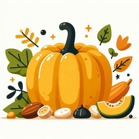 Pumpkin with autumn leaves and fruits on white background. Vector illustration.のイラスト素材