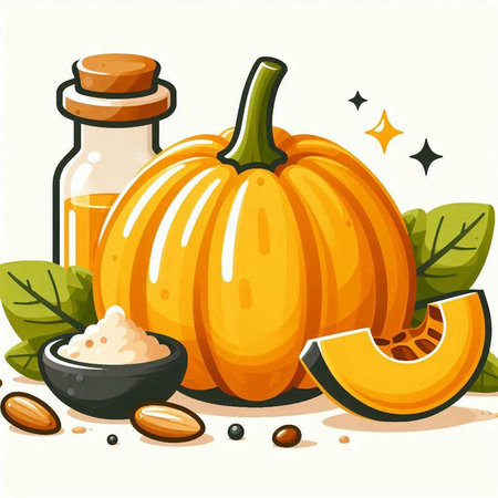 Pumpkin, seeds and oil in a bottle. Vector illustration.のイラスト素材