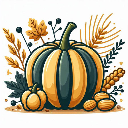 Pumpkin with autumn leaves and berries. Vector illustration of a pumpkin.のイラスト素材