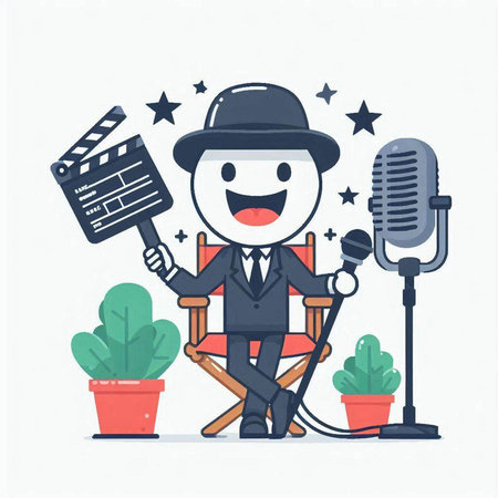 Cartoon man in suit with microphone and clapperboard. Vector illustrationのイラスト素材