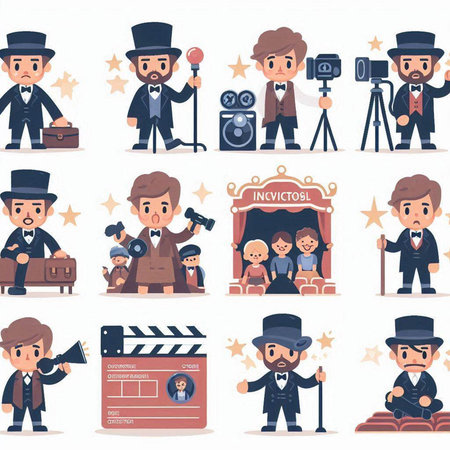 Cinema set with actors, director, cameraman and actress. Flat style vector illustration.のイラスト素材