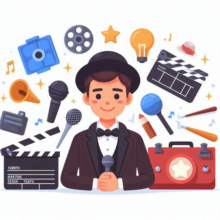 Cartoon vector illustration of a man in a hat with a microphone, a clapperboard and a movie set.のイラスト素材