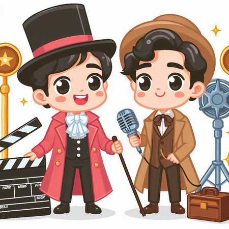 Cute cartoon boy and girl with microphone and clapperboard.のイラスト素材