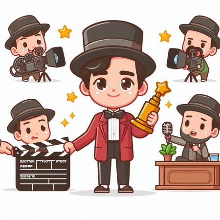 Cartoon detective with clapperboard and camera. Vector illustration.のイラスト素材