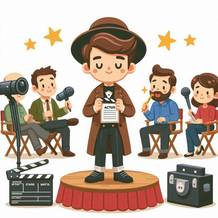 Cinema theme with actors in cartoon style. Vector illustration.のイラスト素材