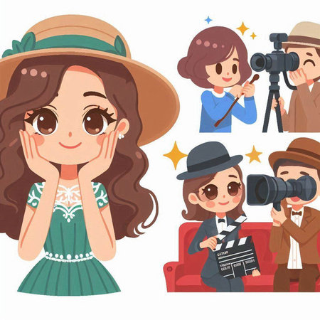 Vector illustration of a beautiful girl in a hat with a camera.のイラスト素材