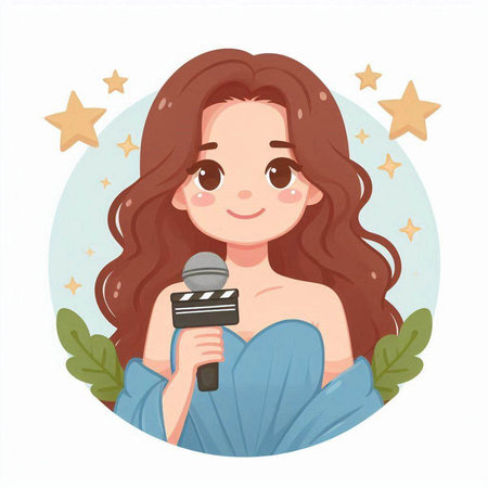 Cute little girl with a microphone in her hand. Vector illustration.のイラスト素材