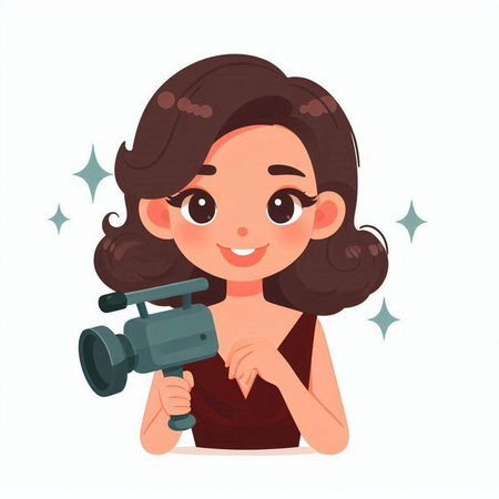 Cute girl with video camera. Vector illustration in cartoon style.のイラスト素材