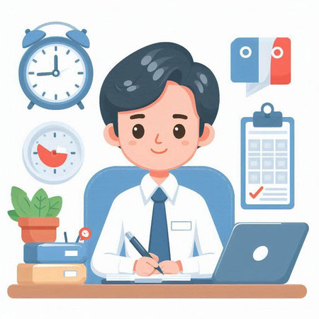Businessman sitting at desk in office and working on laptop. Vector illustration.のイラスト素材