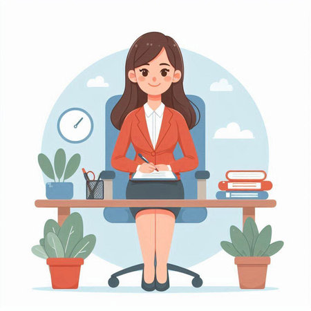 Business woman working in office. Vector illustration in flat cartoon style.のイラスト素材
