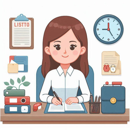 Vector illustration of a young woman sitting at her desk and making notes.のイラスト素材