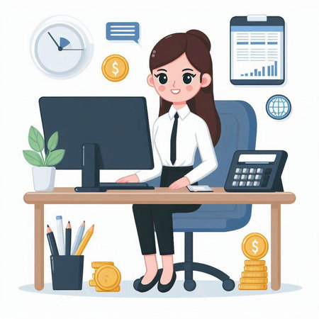 Business woman working in office. Vector illustration in flat cartoon style.のイラスト素材