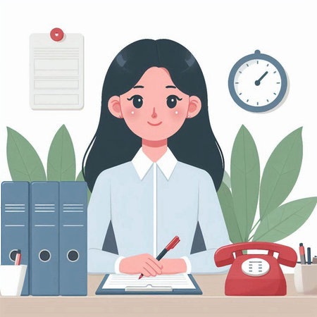 Young businesswoman working in office. Vector illustration in flat style.のイラスト素材