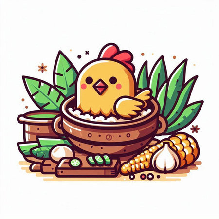 Vector illustration of a chicken in a bowl with rice and vegetables.のイラスト素材