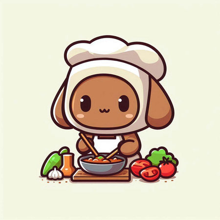 Cute dog chef in chef's hat with bowl of soup. Vector illustration.のイラスト素材
