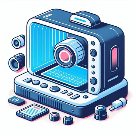 Retro camera on white background. Isometric view. Vector illustration.のイラスト素材