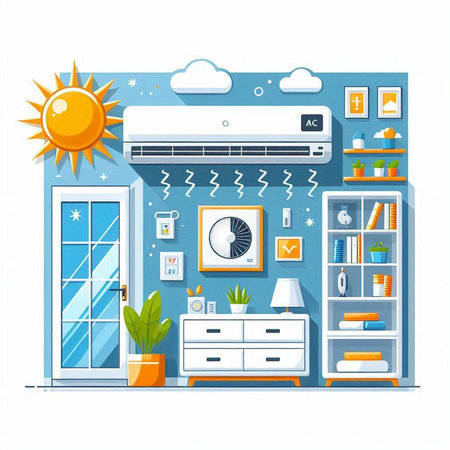 Air conditioner and bookshelf. Vector illustration in flat styleのイラスト素材