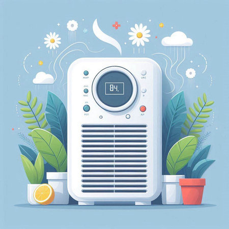 Air conditioner with flowers and leaves. Vector illustration in flat styleのイラスト素材