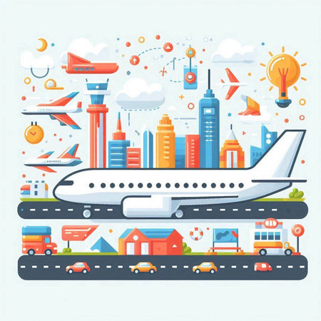 Vector flat illustration of airplane in the city. Traveling around the world.のイラスト素材