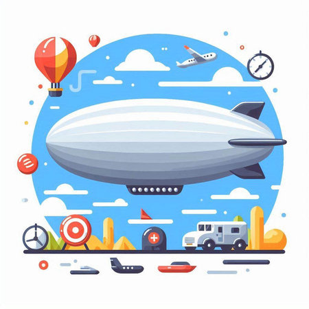 Airship, air transport, aeroplane. Vector flat illustrationのイラスト素材